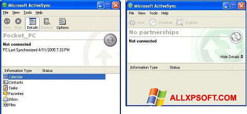 צילום מסך Microsoft ActiveSync Windows XP
