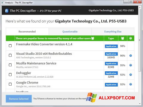 צילום מסך PC Decrapifier Windows XP