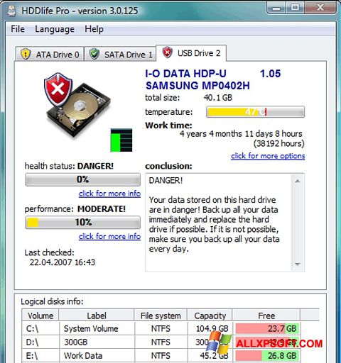 צילום מסך HDDlife Windows XP