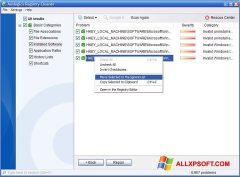 צילום מסך Auslogics Registry Cleaner Windows XP