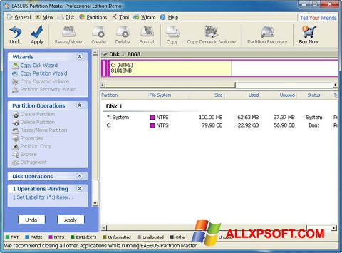 צילום מסך EASEUS Partition Master Windows XP