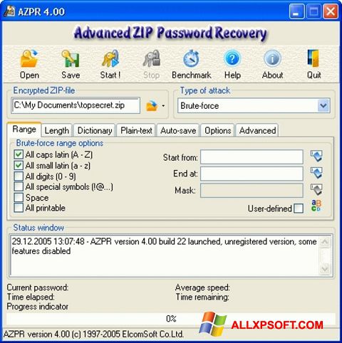 צילום מסך Advanced Archive Password Recovery Windows XP