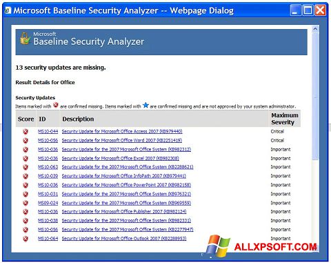 צילום מסך Microsoft Baseline Security Analyzer Windows XP