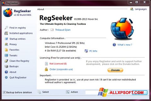 צילום מסך RegSeeker Windows XP