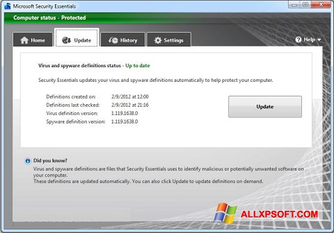 צילום מסך Microsoft Security Essentials Windows XP